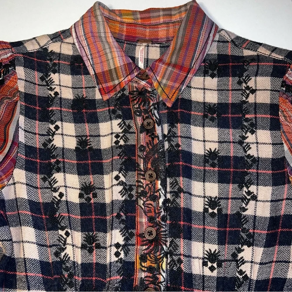 Free People Women’s Plaid Wool Blend Embroidered Long Sleeve Shirt Dress Sz S - Picture 2 of 13